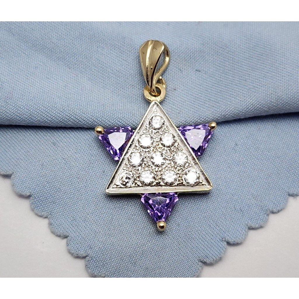 Unique 14k Two Tone Multi Color Gold Star Of David Cz  Amethyst Charm Pendant